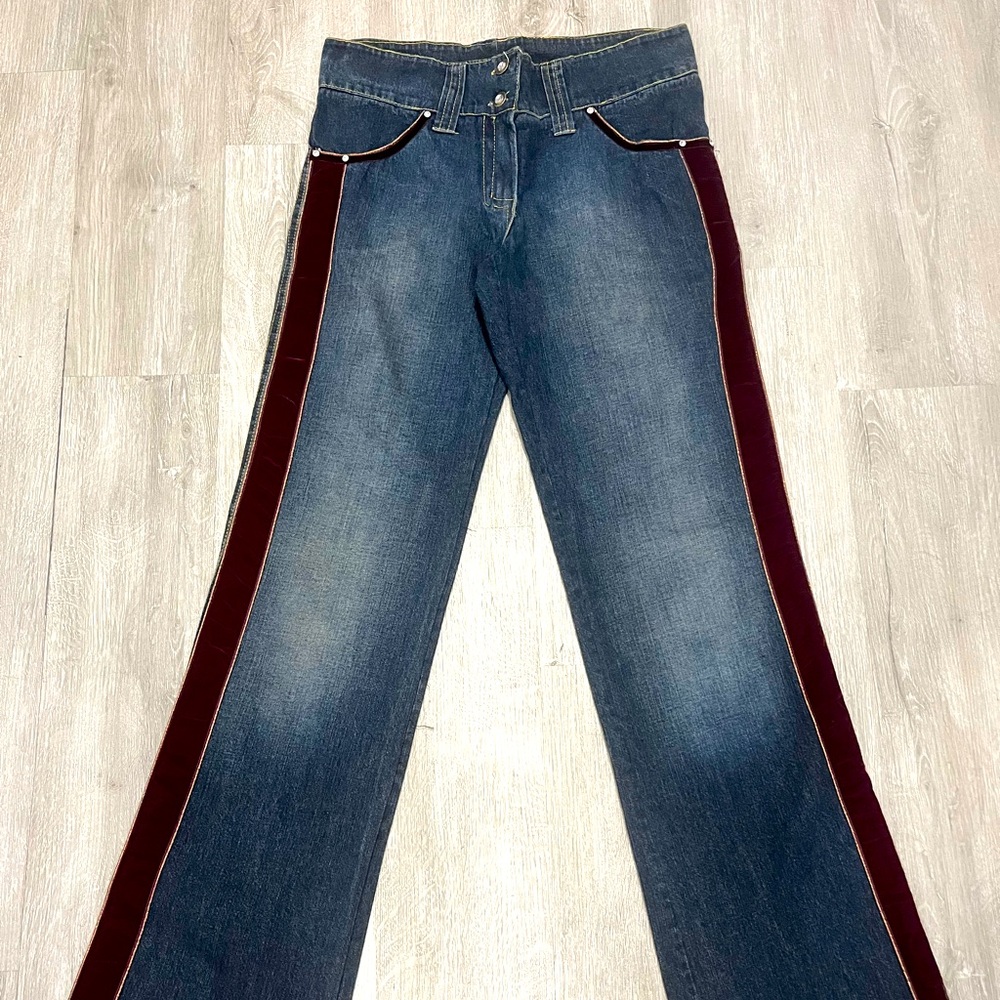 Authentic Y2K early 2000s bootcut designer denim velvet and rhinestones